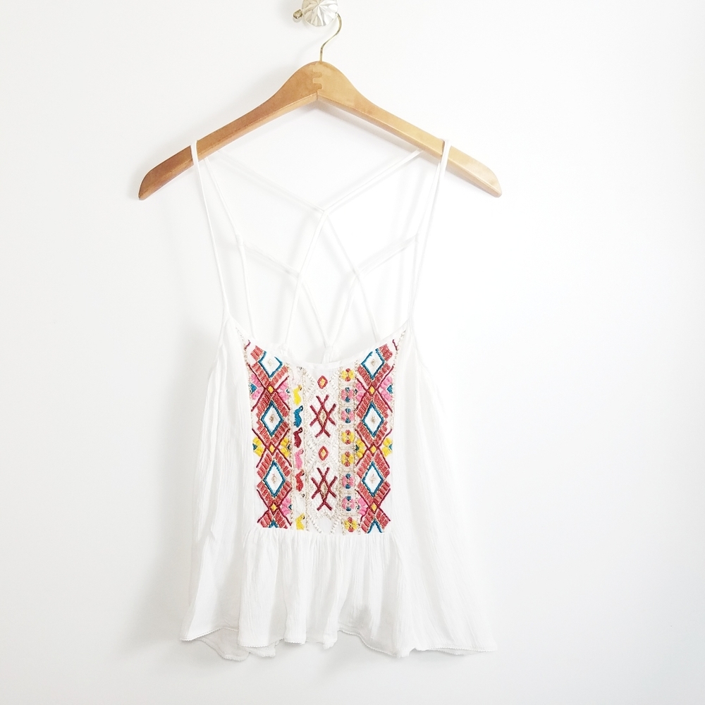 Anthropologie  | Spaghetti Strap sleeveless Embroidered crop top shirt Small